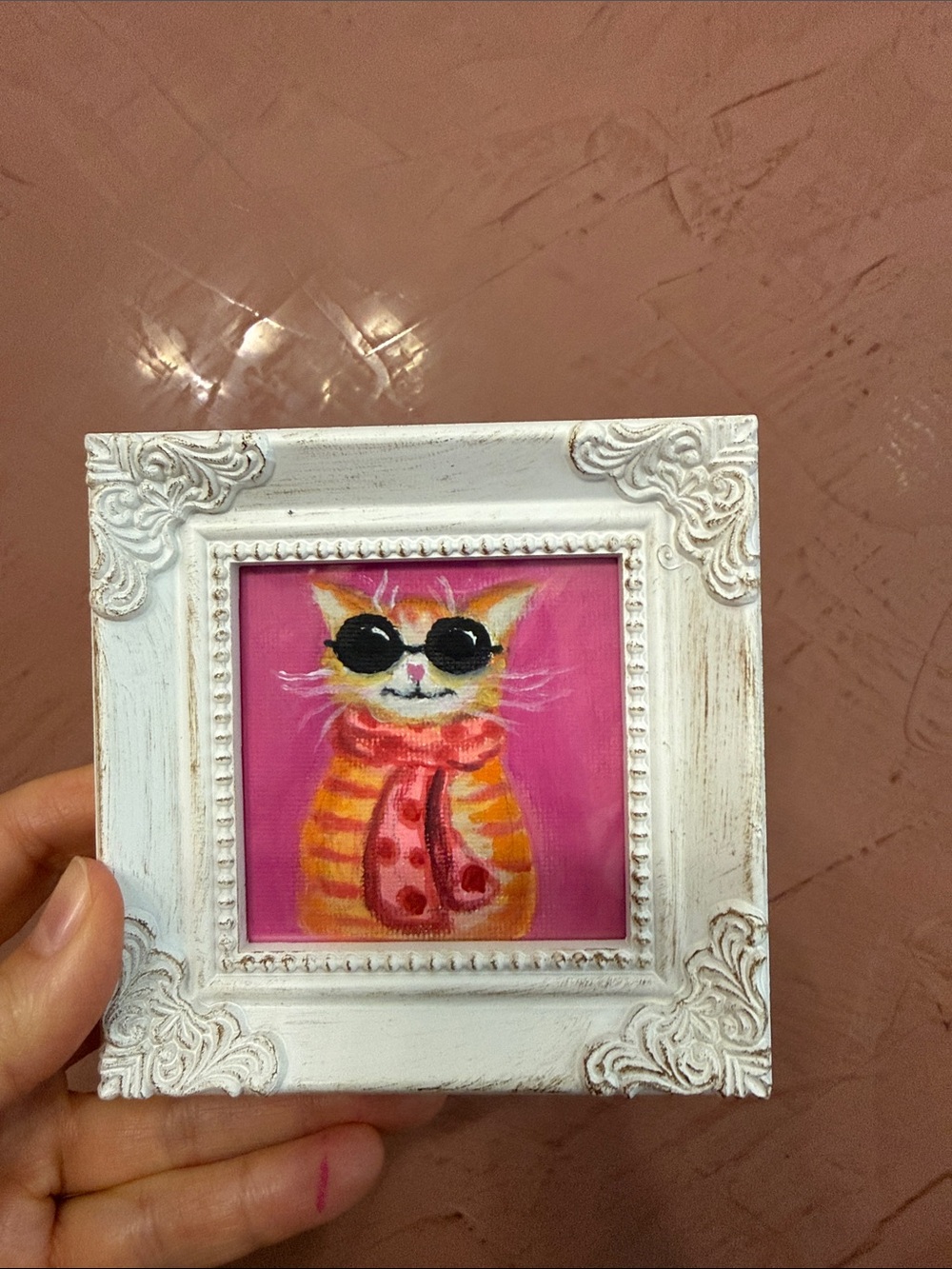 Whimsical Sunglasses Cat Mini Painting - Pink & Orange